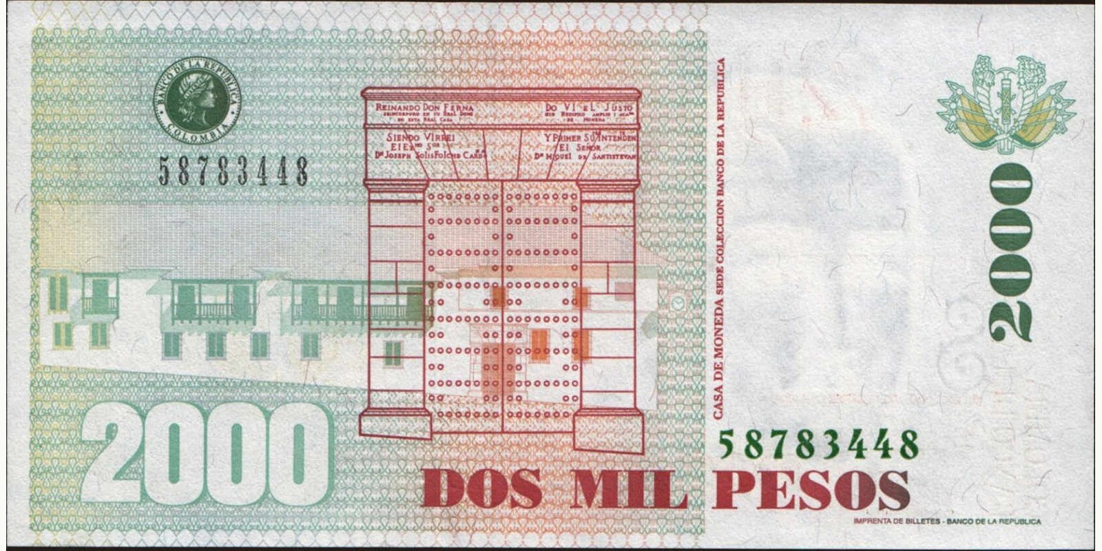 2001 pesos Колумбия 2000 — Оборотная сторона