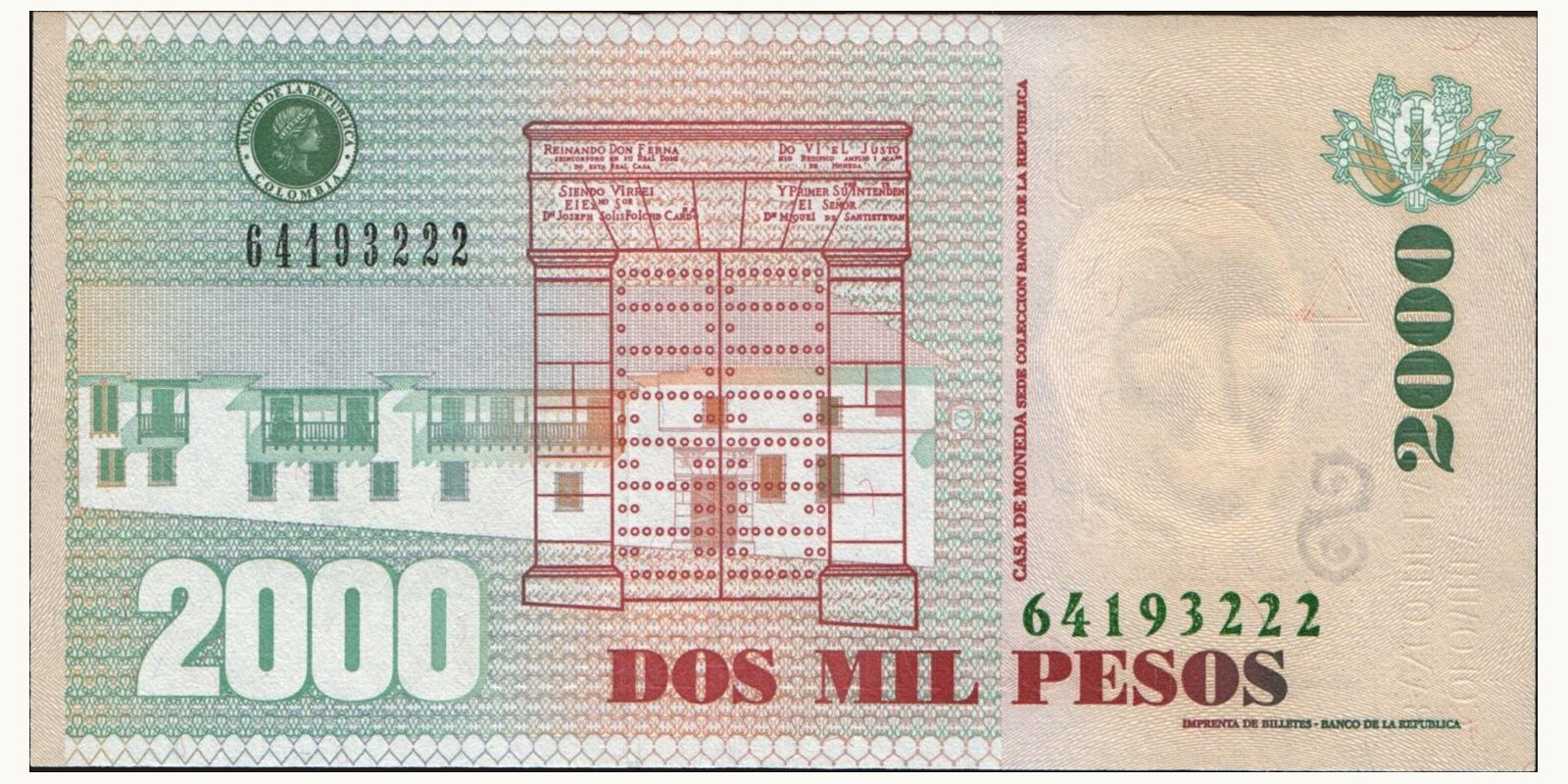 2008 pesos Colombia 2000 — Back side