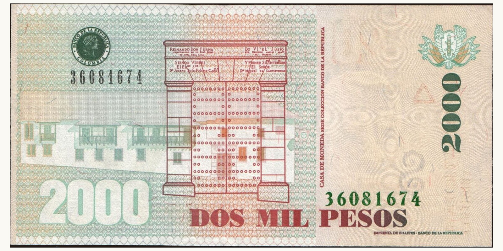 2014 pesos Colombia 2000 — Back side