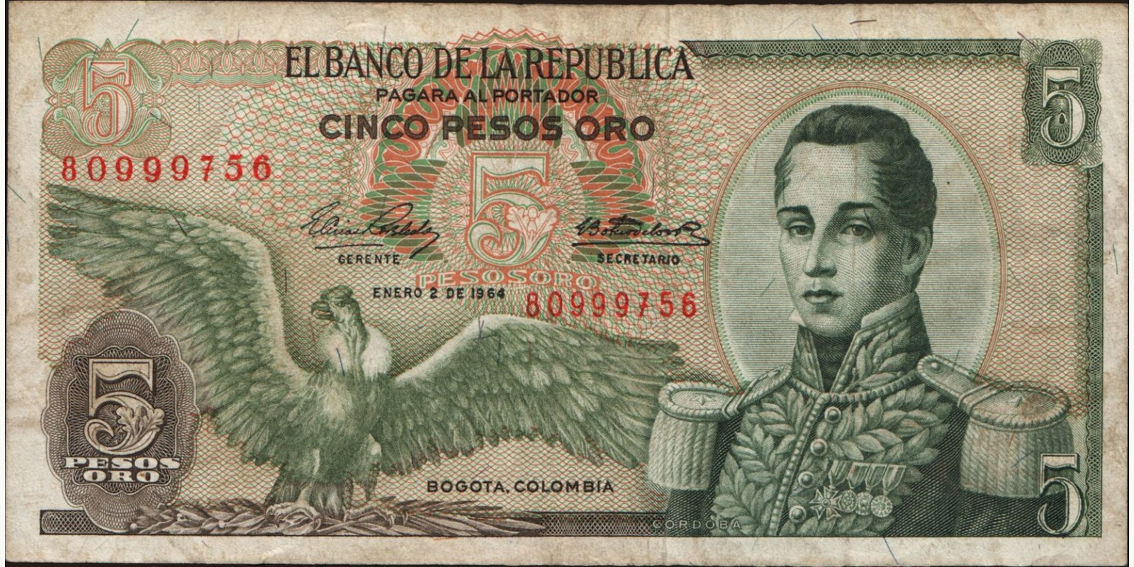 5 pesos Колумбия 1964 — Лицевая сторона