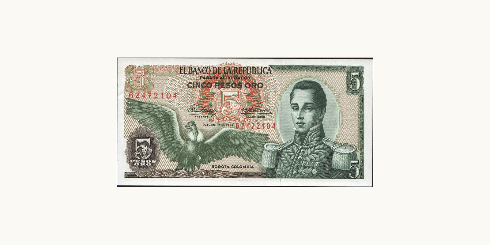 5 pesos Colombia 1967 — Front side