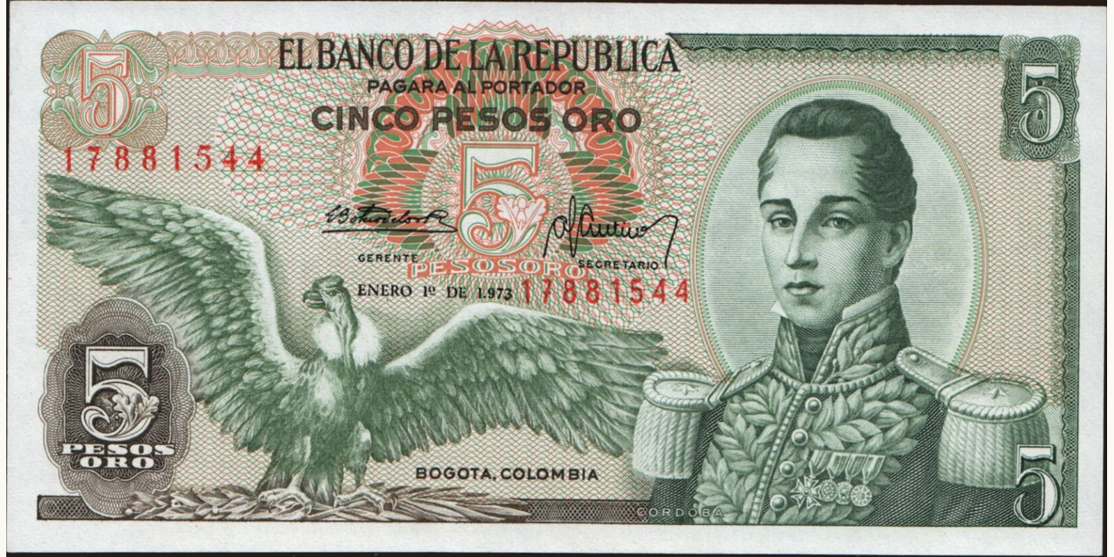 5 pesos Колумбия 1973 — Лицевая сторона