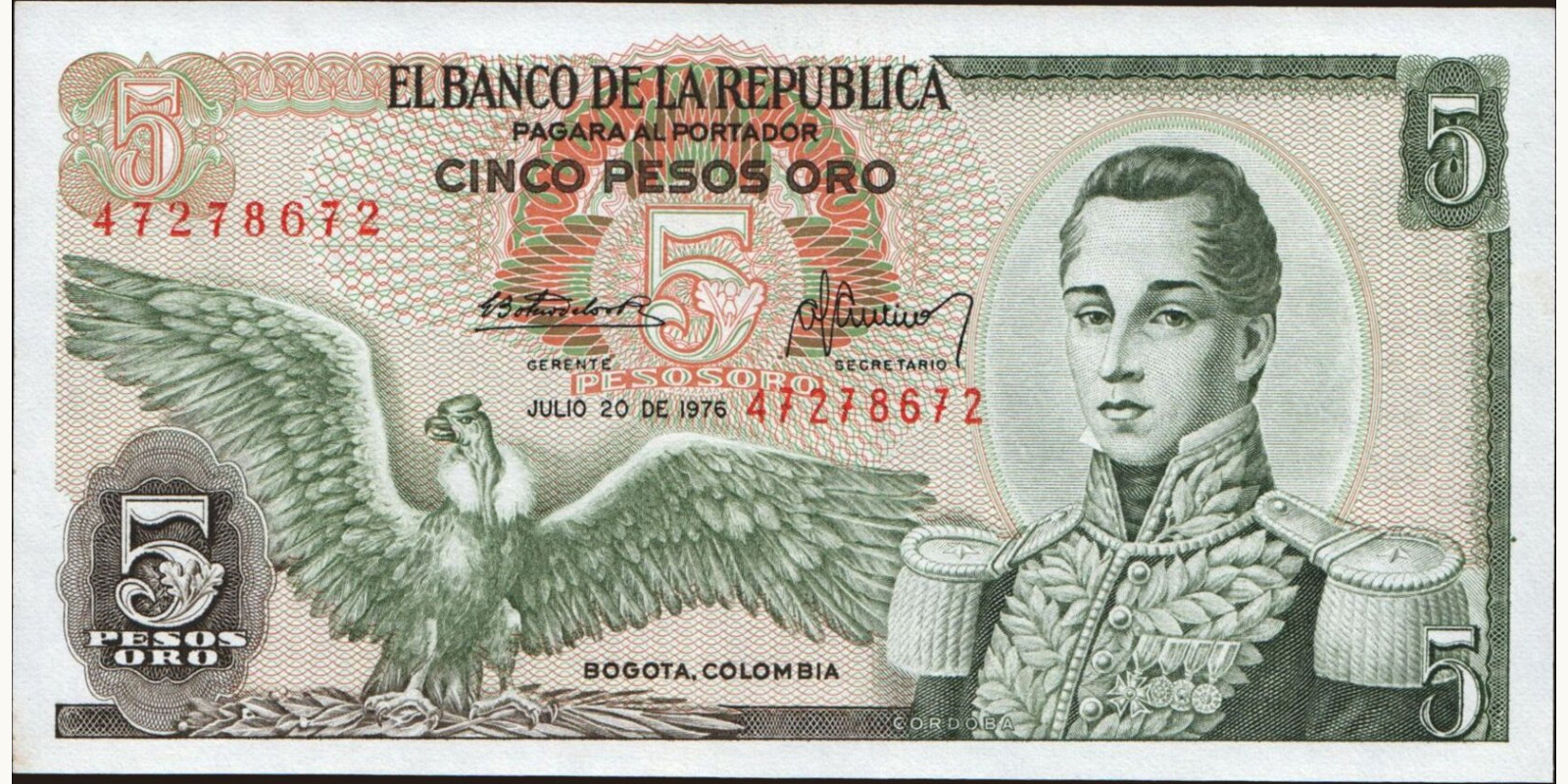 5 pesos Колумбия 1976 — Лицевая сторона