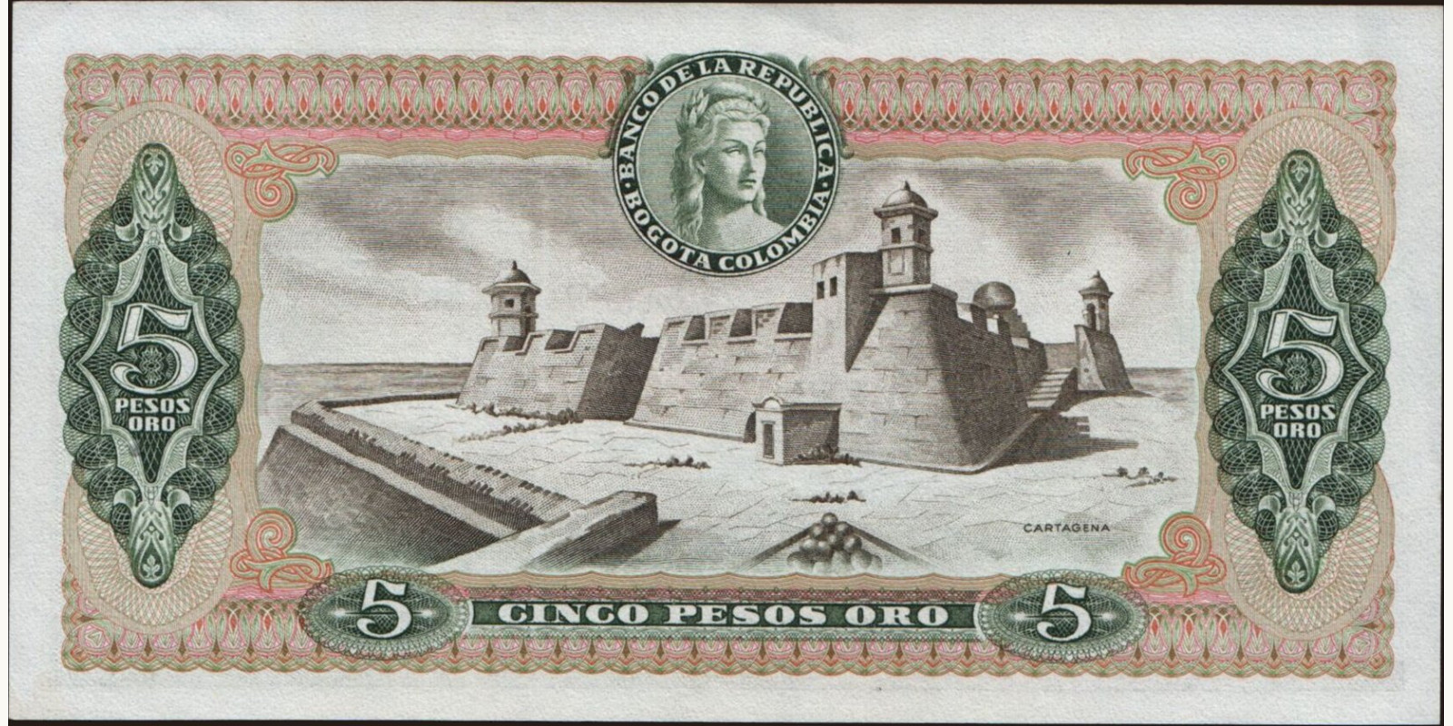 5 pesos Colombia 1977 — Back side