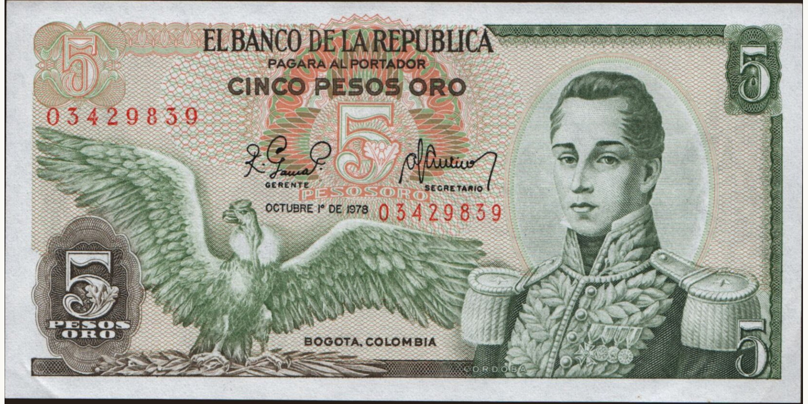 5 pesos Колумбия 1978 — Лицевая сторона