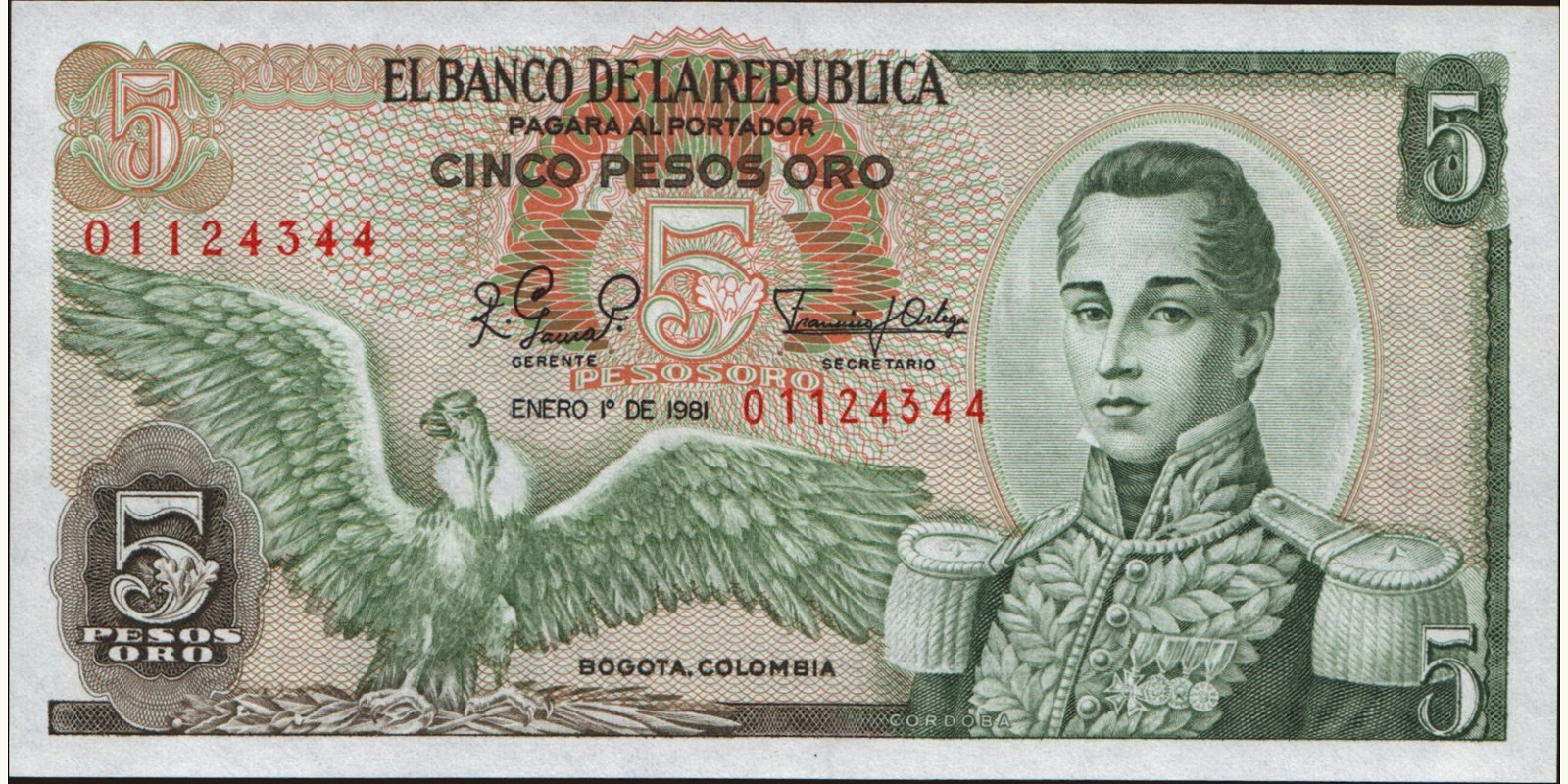 5 pesos Colombia 1981 — Front side