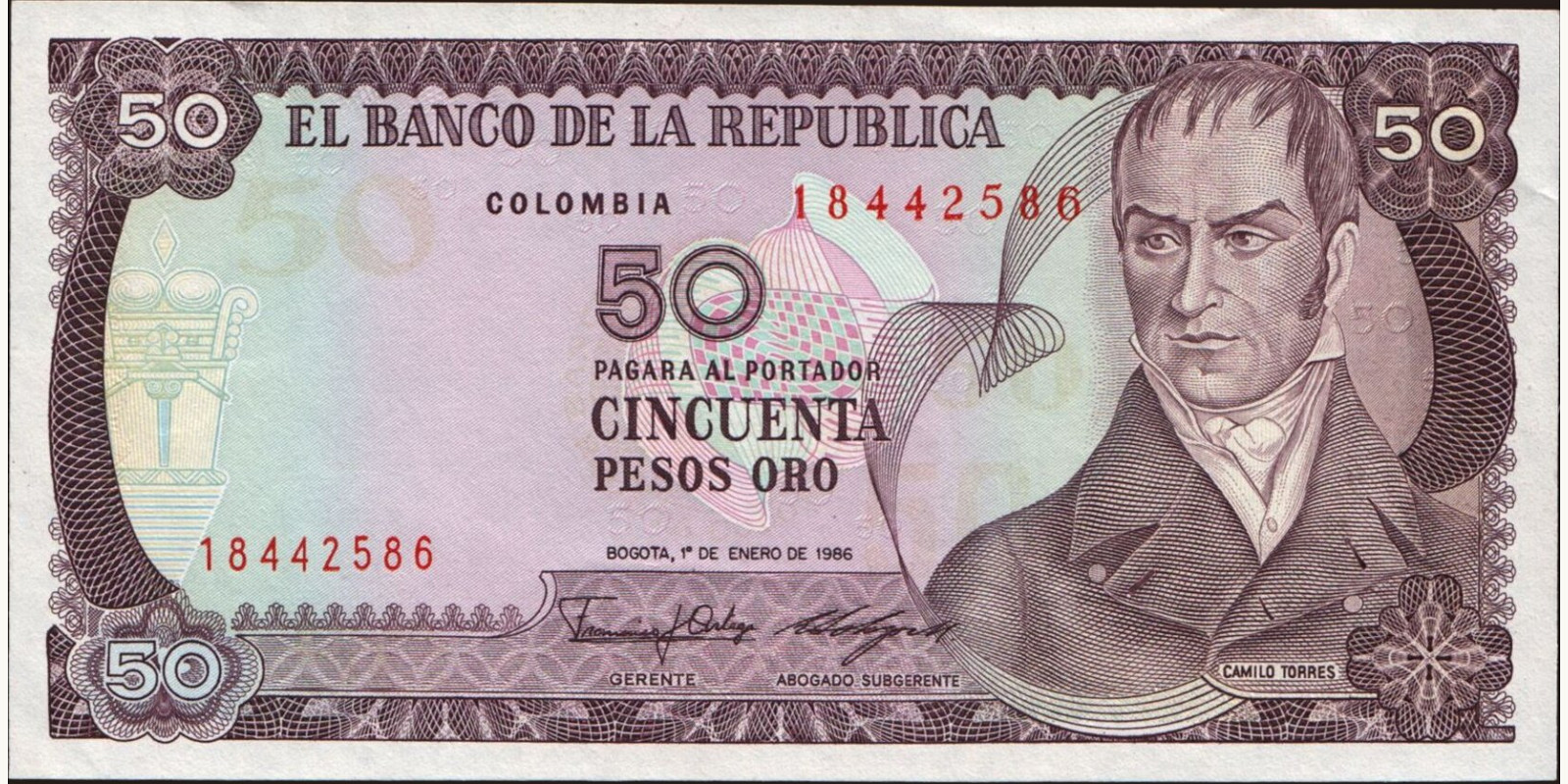 50 pesos Колумбия 1986 — Лицевая сторона