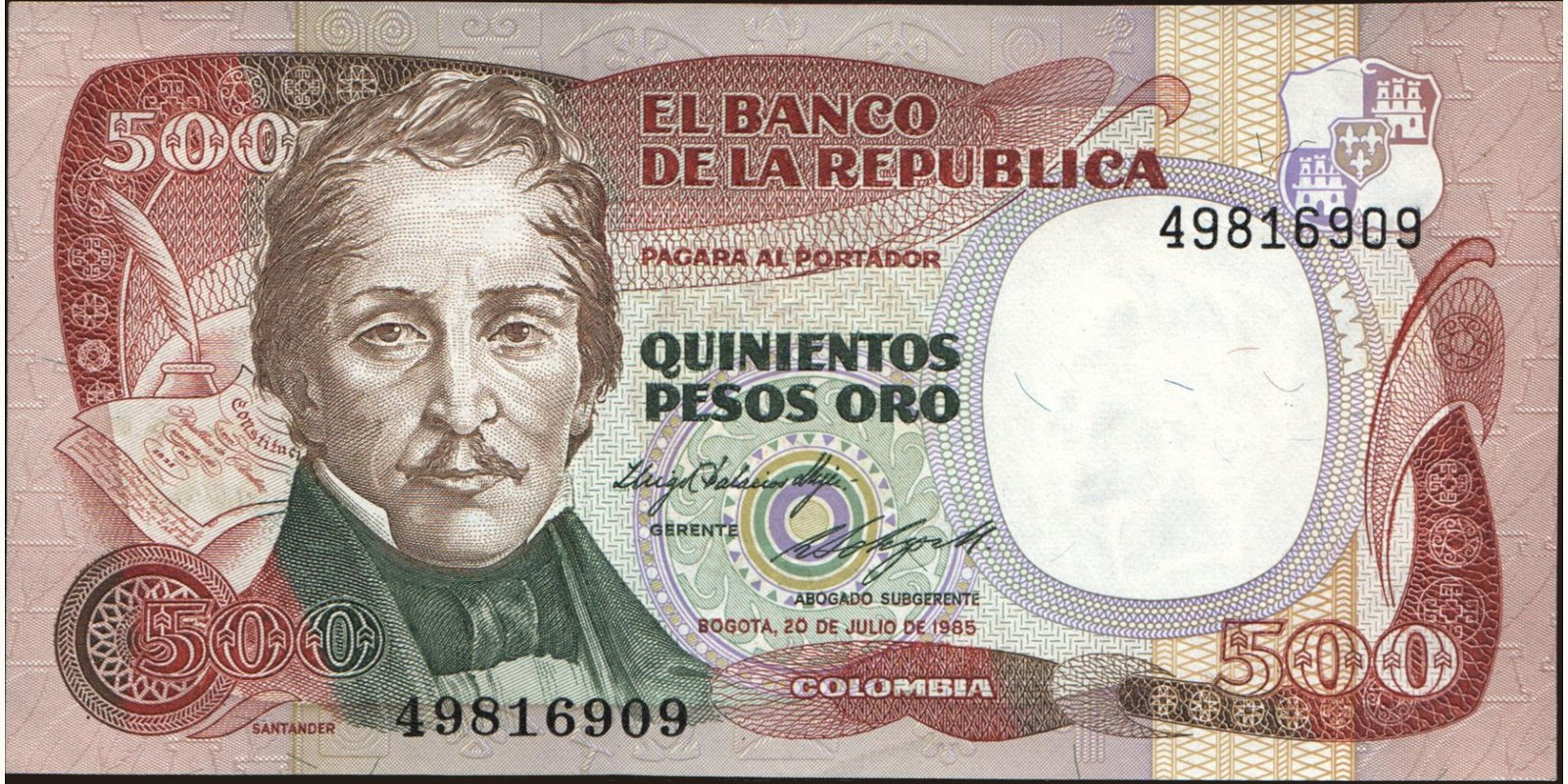 500 pesos Colombia 1985 — Front side
