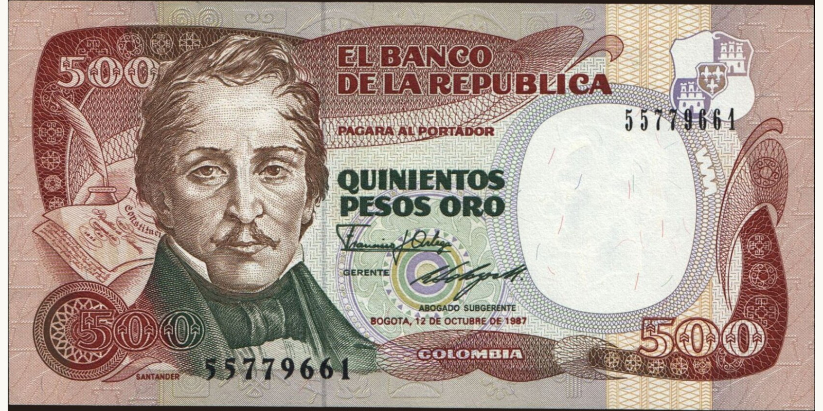 500 pesos Colombia 1987 — Front side