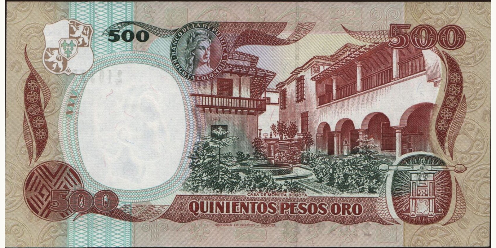 500 pesos Colombia 1989 — Back side
