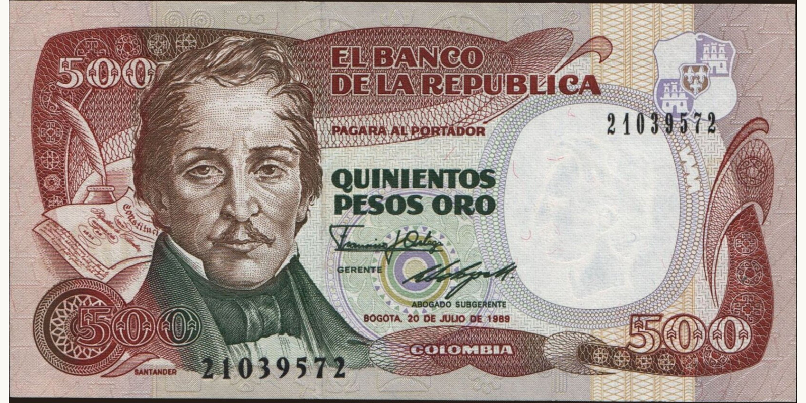 500 pesos Colombia 1989 — Front side