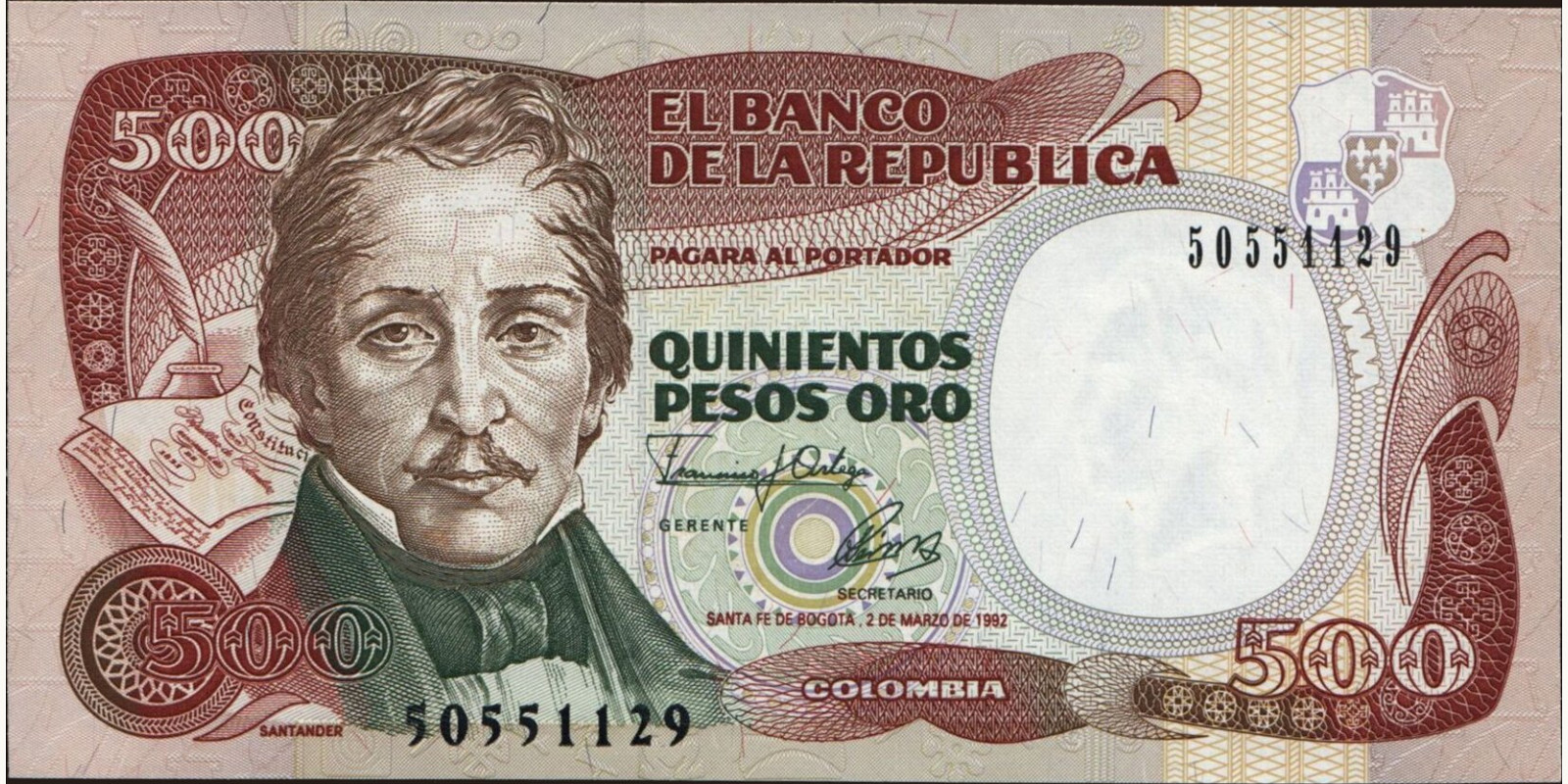 500 pesos Colombia 1992 — Front side