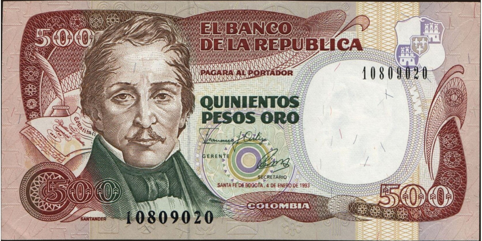 500 pesos Колумбия 1993 — Лицевая сторона