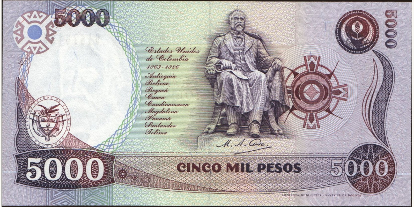 5000 pesos Colombia 1995 — Back side