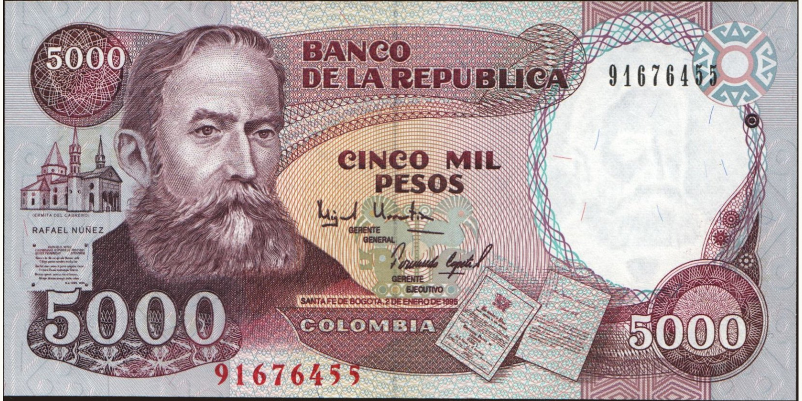 5000 pesos Colombia 1995 — Front side