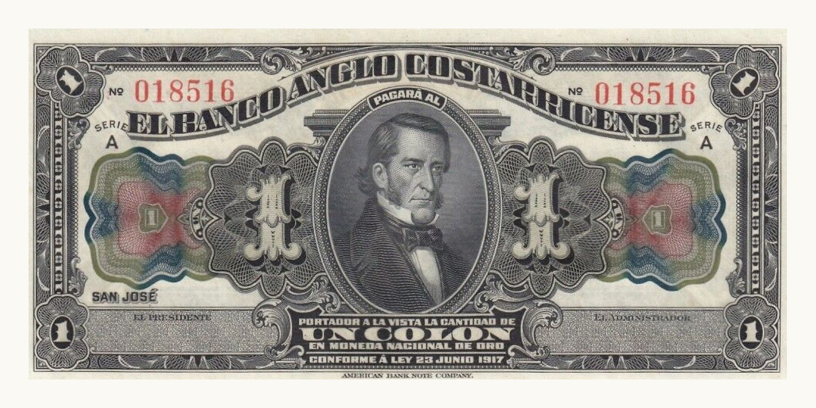 1 colones Costa Rica 1917 — Front side