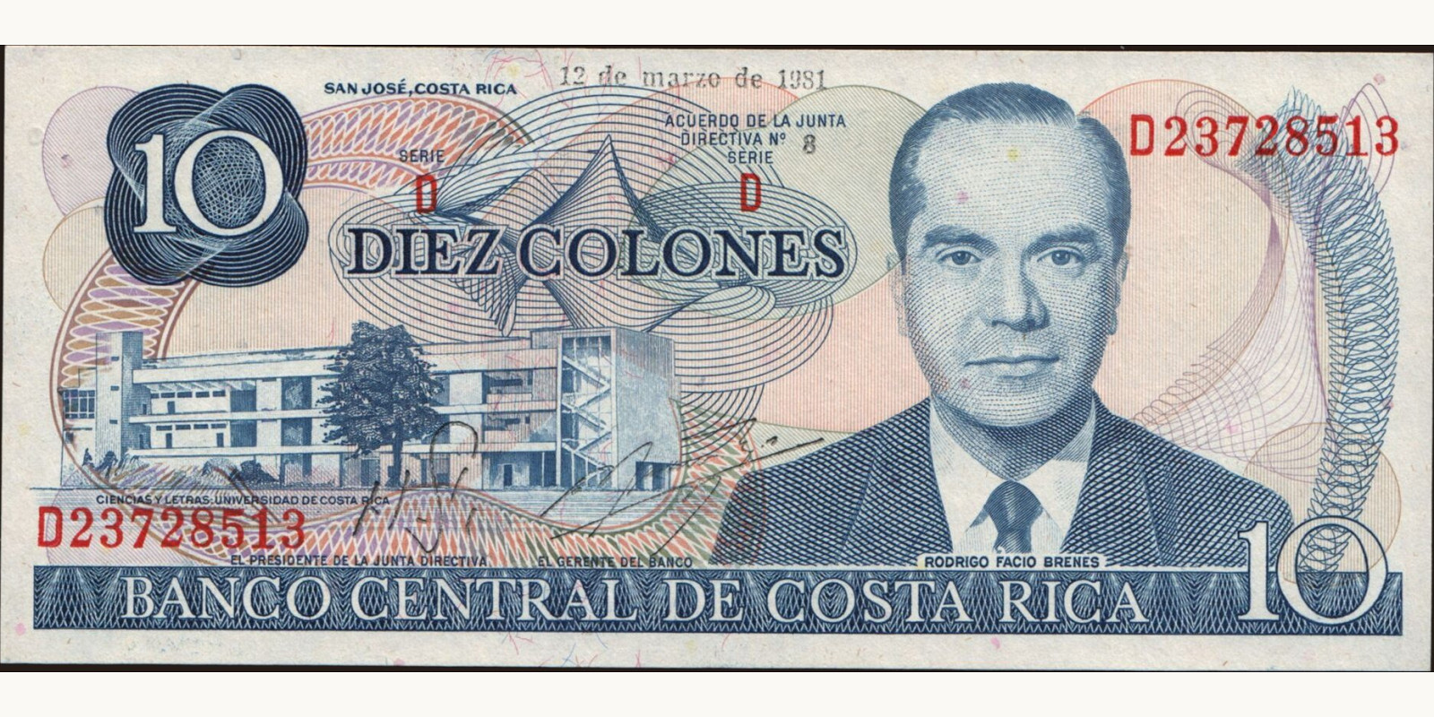 10 colones Costa Rica 1981 — Front side