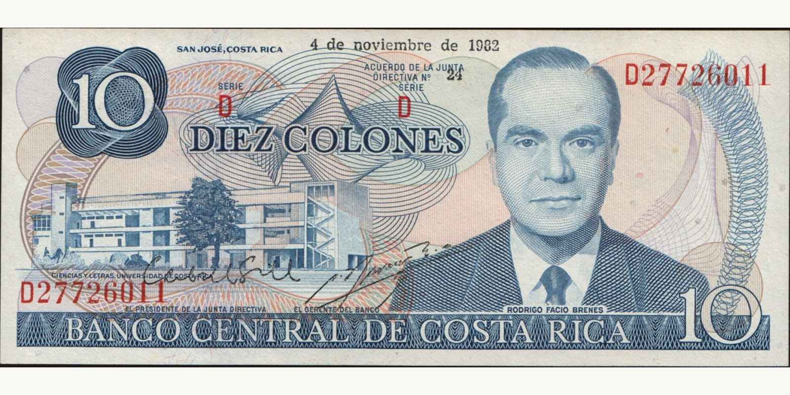 10 colones Коста-Рика 1982 — Лицевая сторона