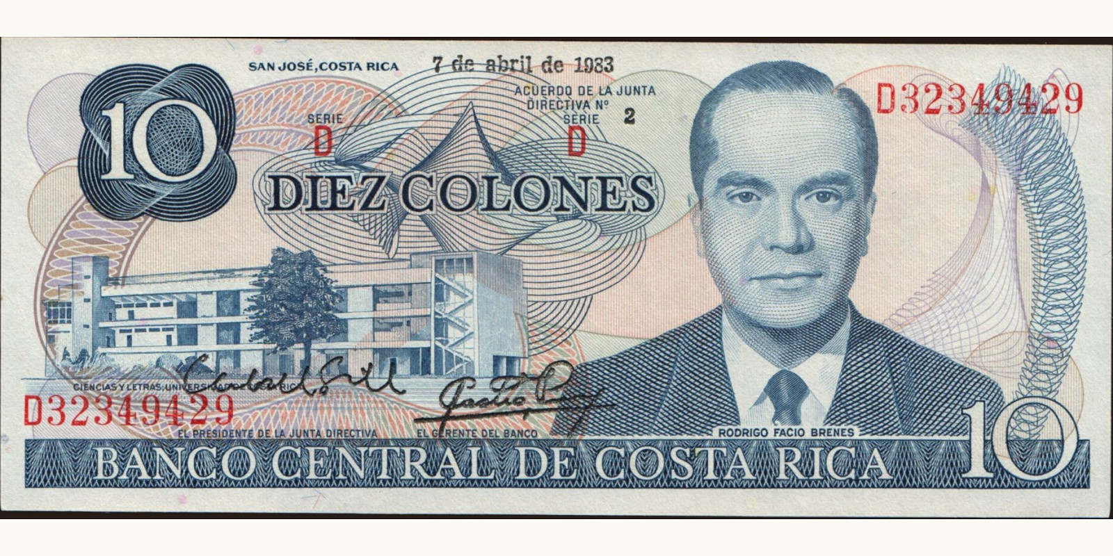 10 colones Коста-Рика 1983 — Лицевая сторона