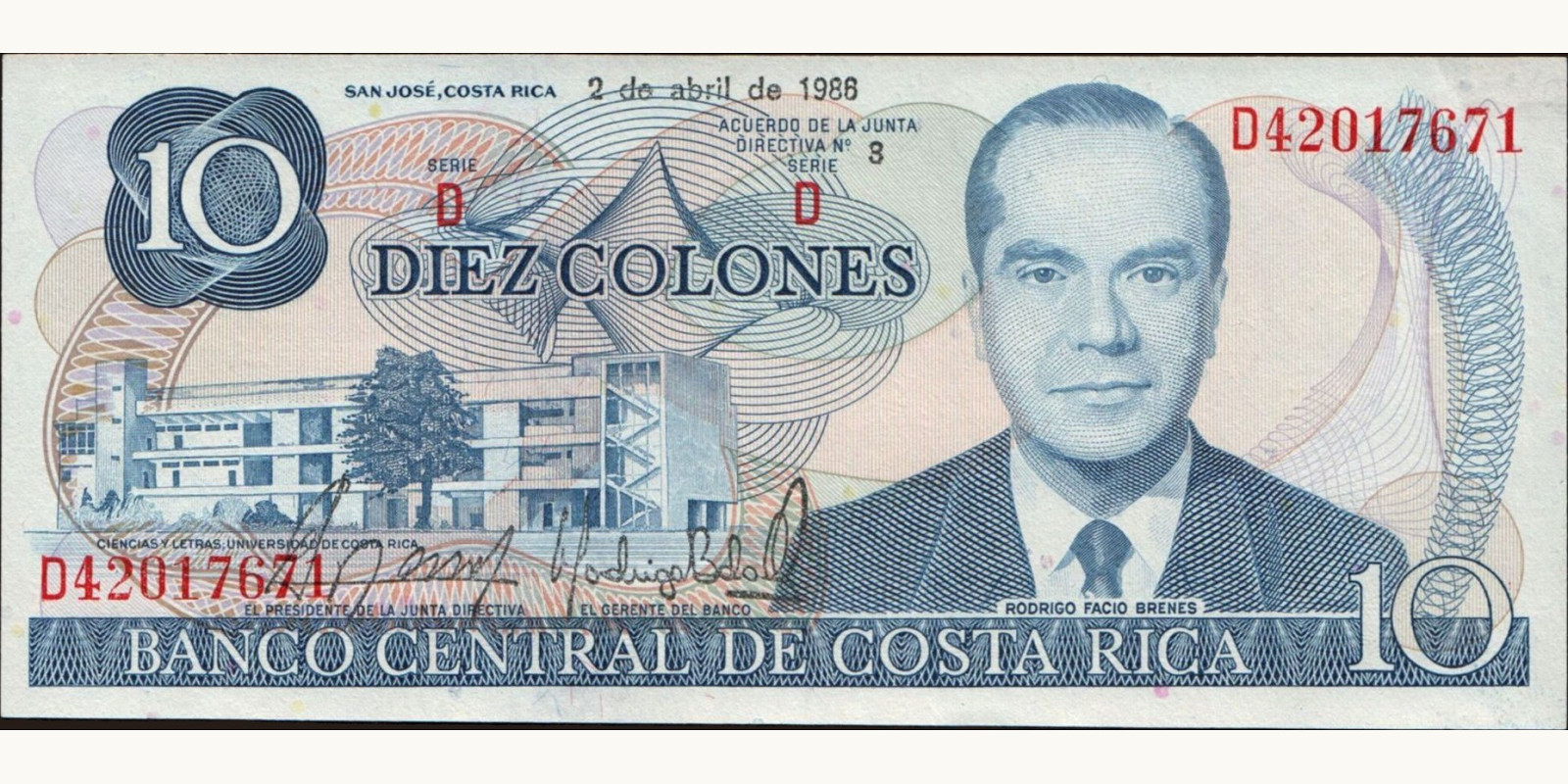 10 colones Costa Rica 1986 — Front side