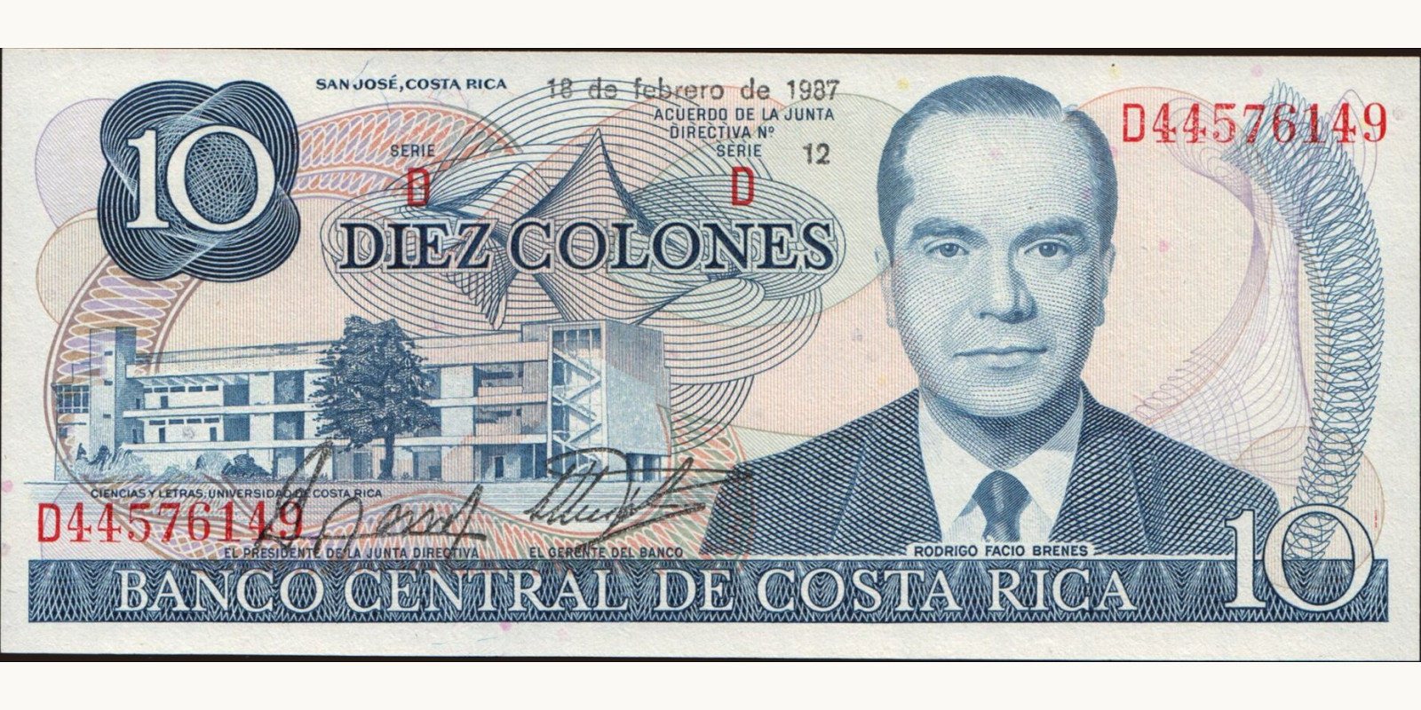10 colones Коста-Рика 1987 — Лицевая сторона