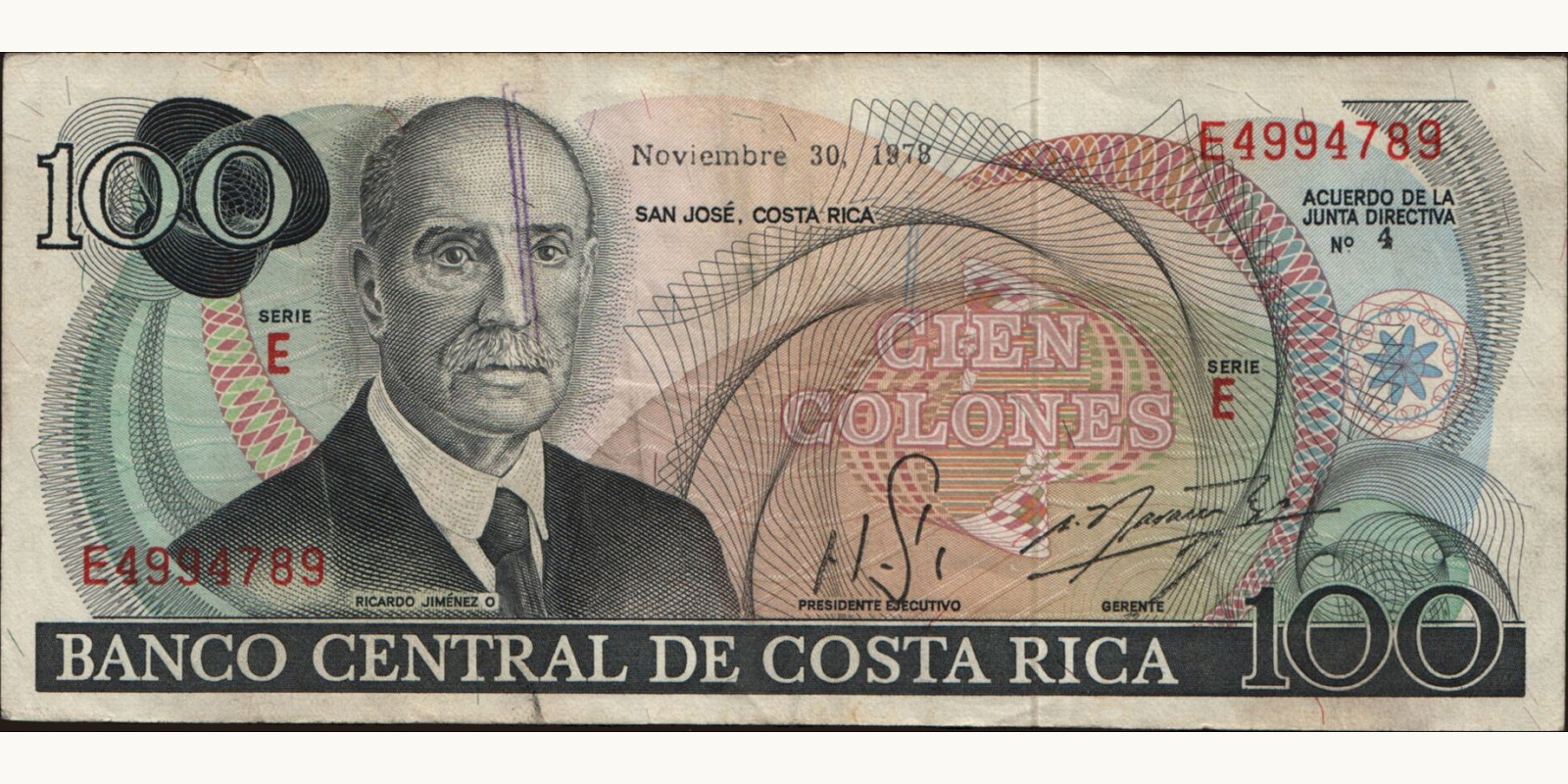 100 colones Costa Rica 1978 — Front side