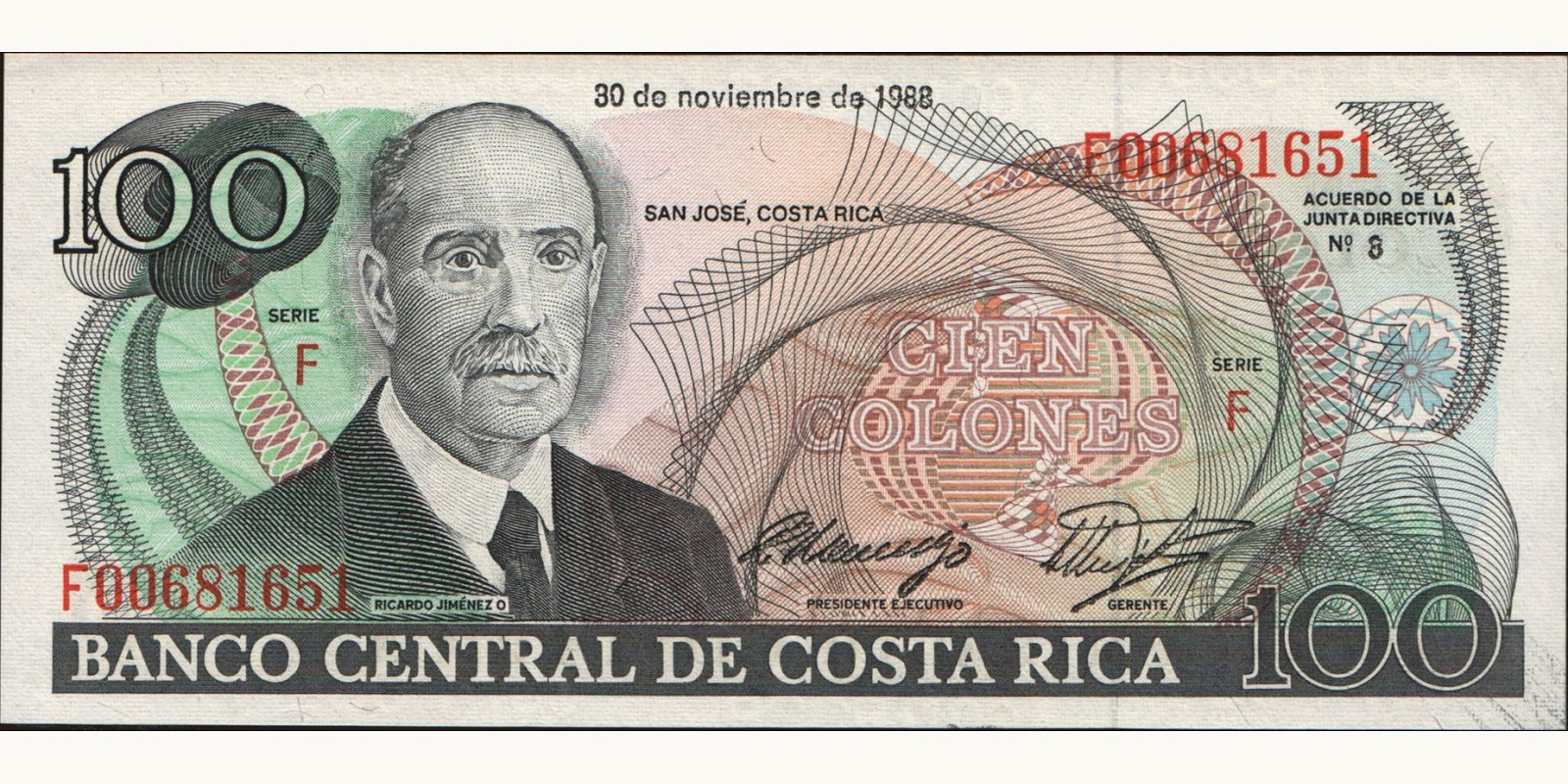 100 colones Costa Rica 1988 — Front side