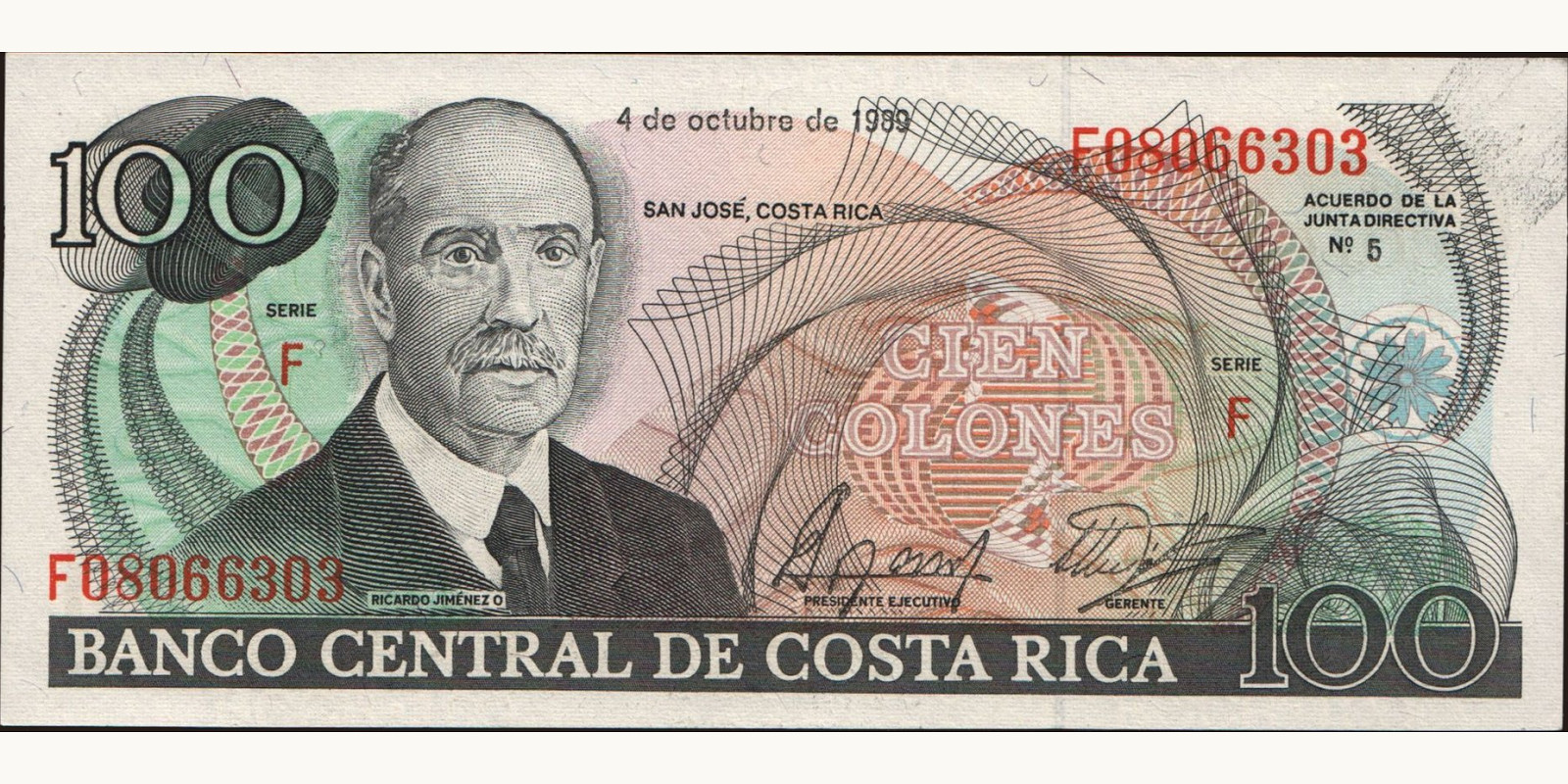 100 colones Коста-Рика 1989 — Лицевая сторона