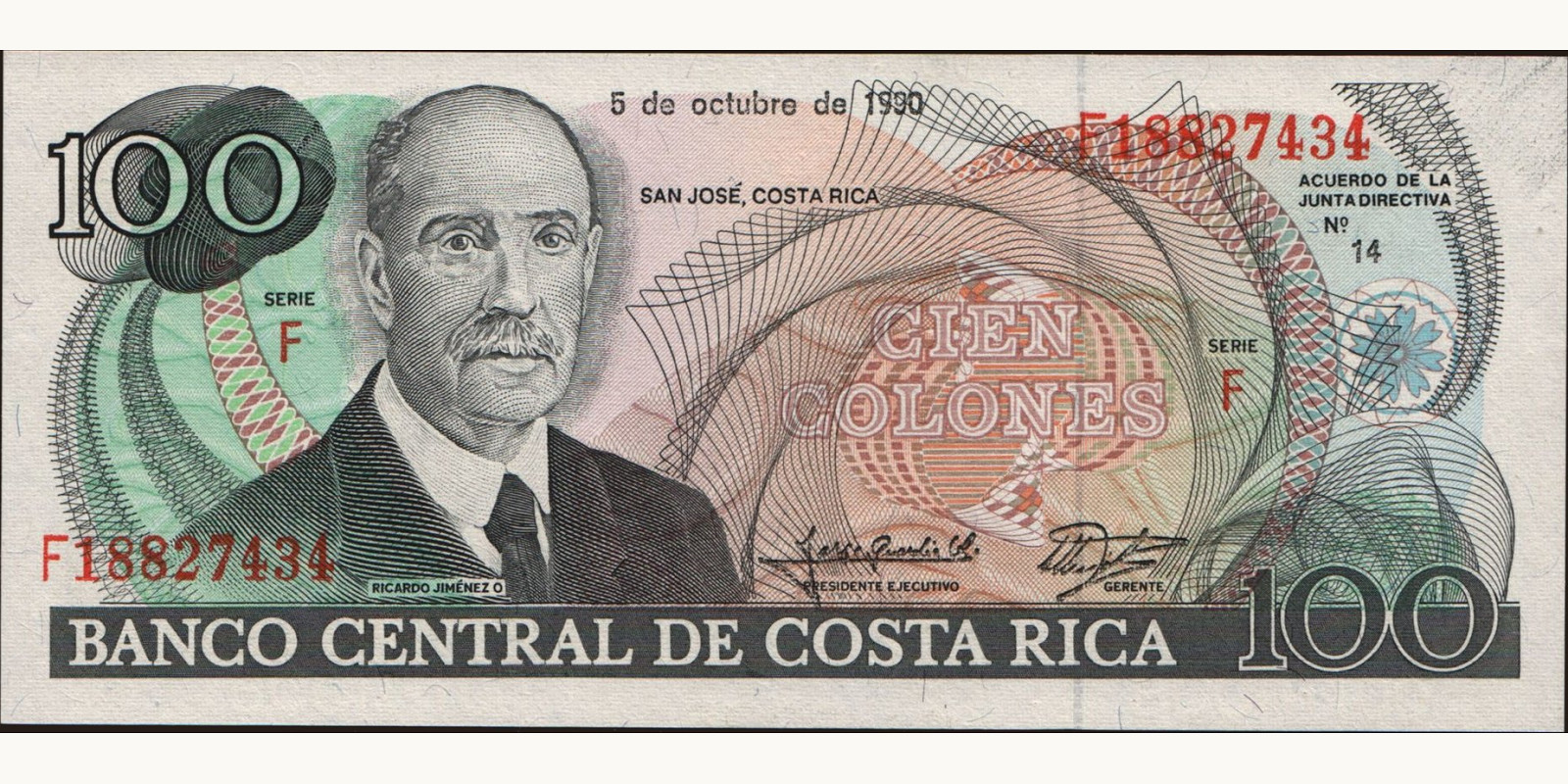 100 colones Коста-Рика 1990 — Лицевая сторона