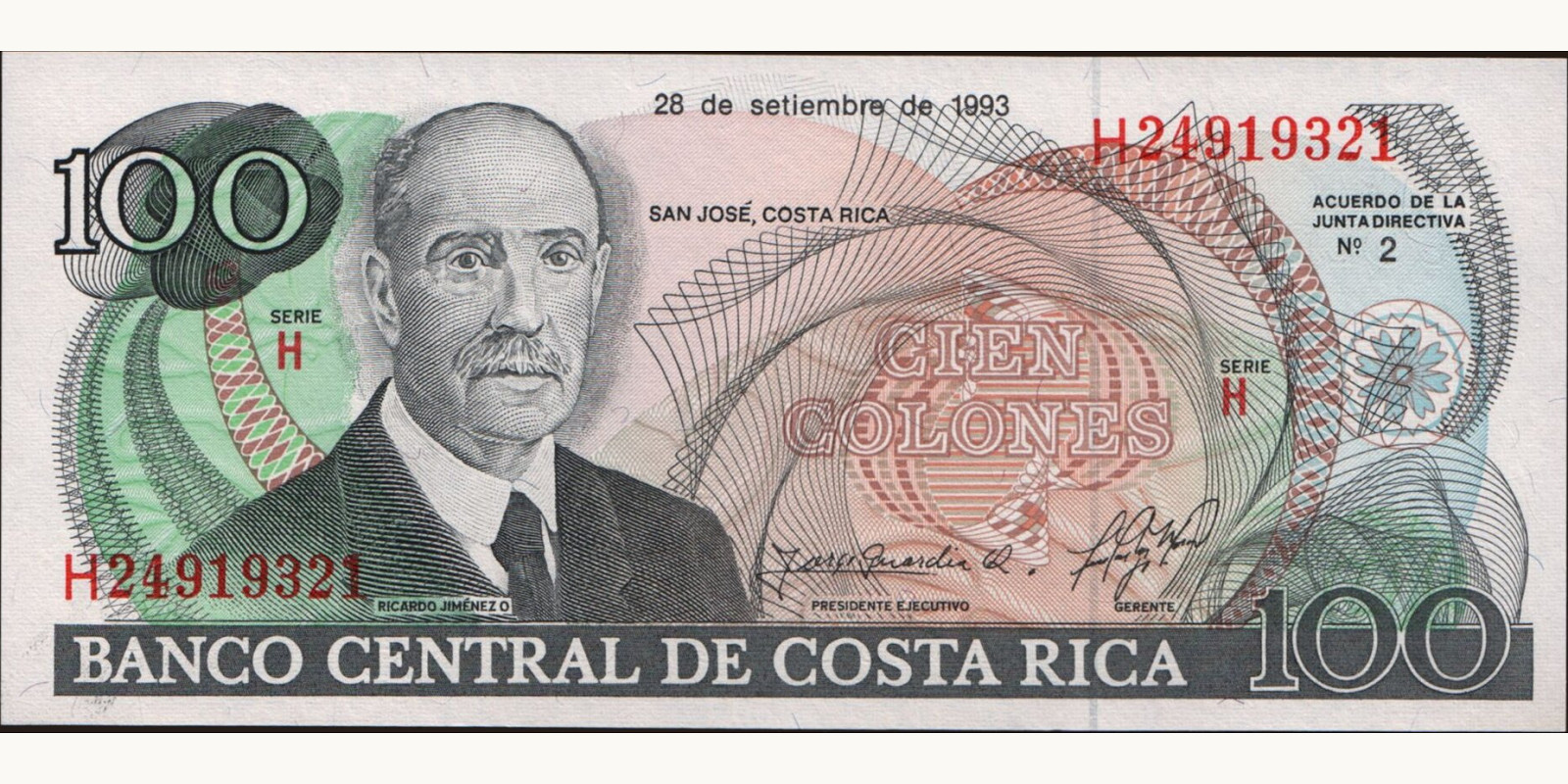 100 colones Costa Rica 1993 — Front side