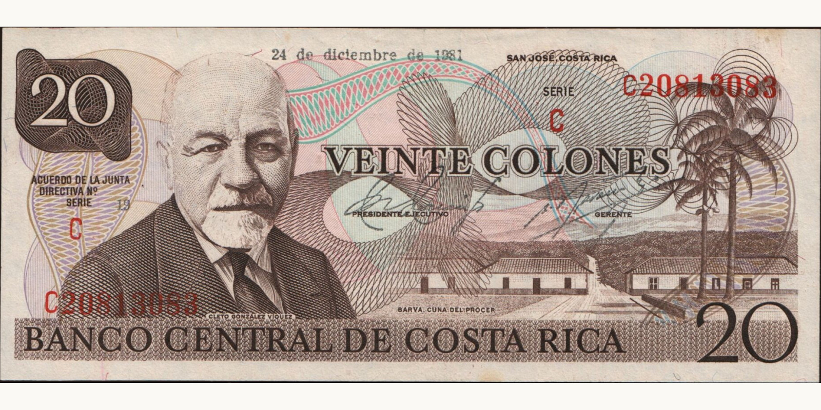 20 colones Коста-Рика 1981 — Лицевая сторона