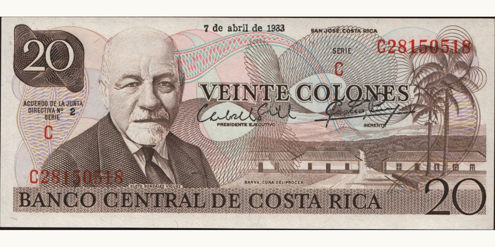 20 colones Коста-Рика 1983 — Лицевая сторона