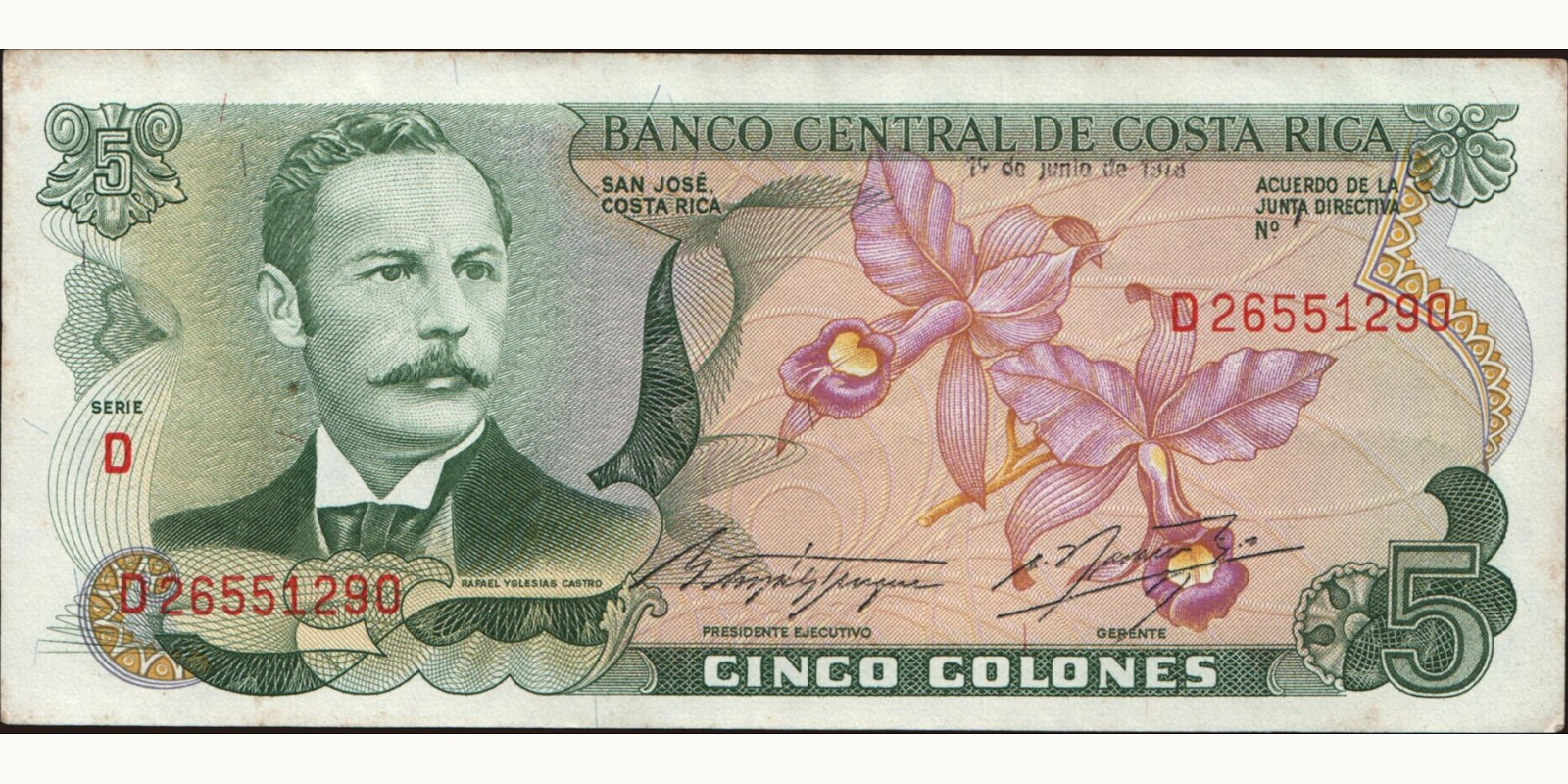 5 colones Costa Rica 1978 — Front side
