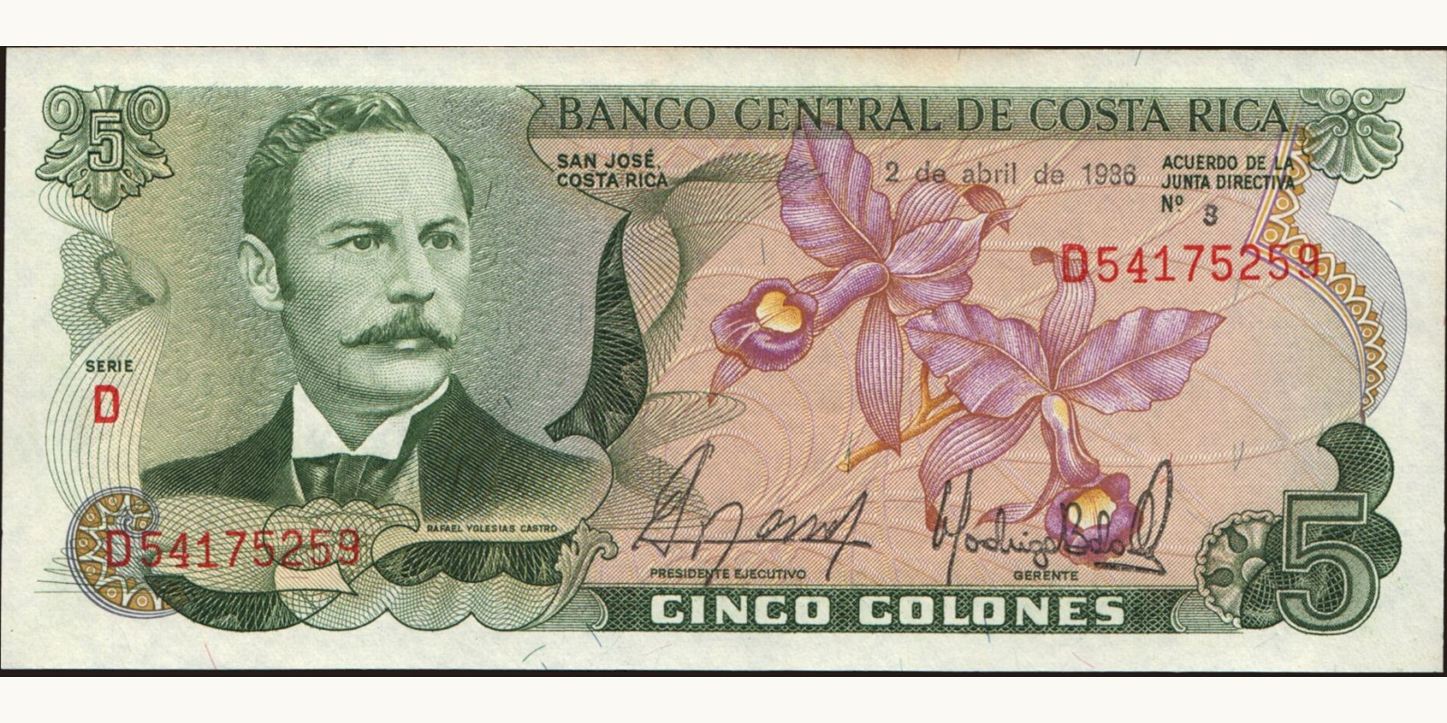 5 colones Costa Rica 1986 — Front side