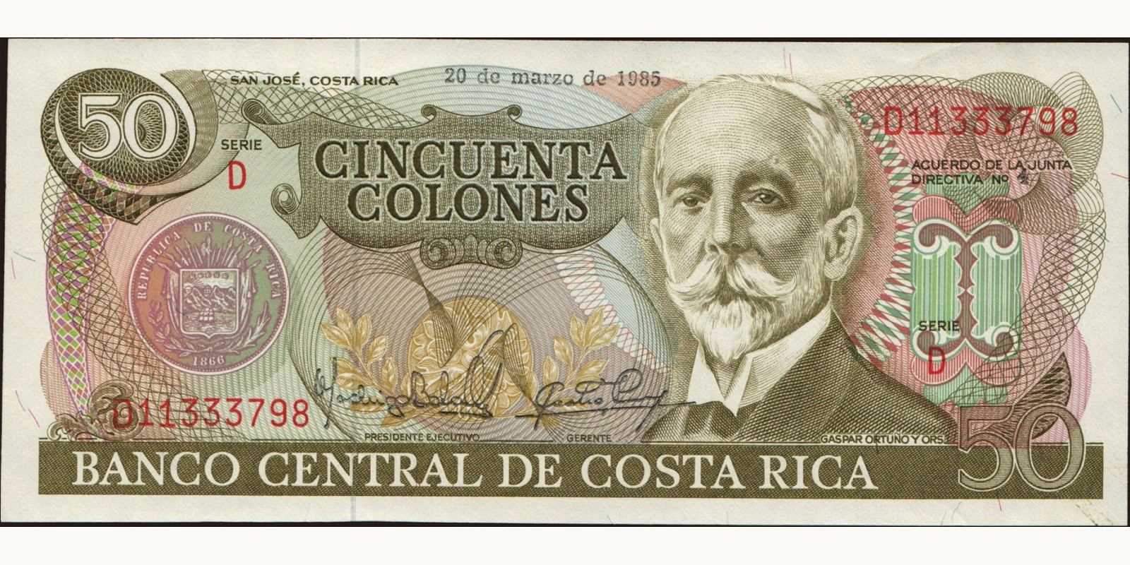 50 colones Costa Rica 1985 — Front side