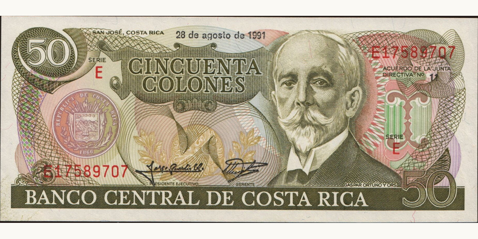 50 colones Коста-Рика 1991 — Лицевая сторона