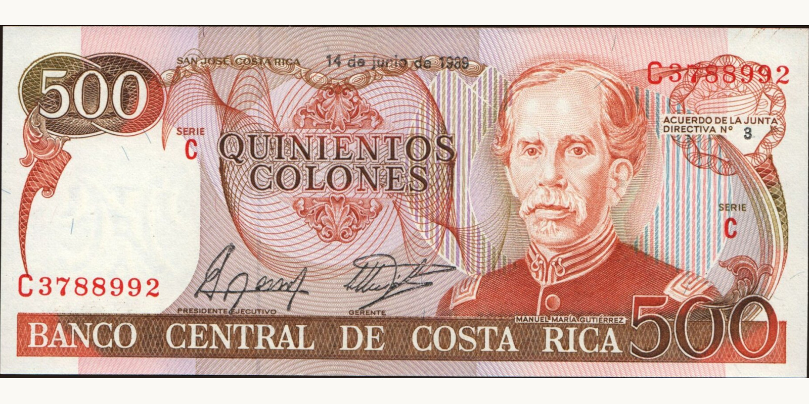 500 colones Costa Rica 1989 — Front side