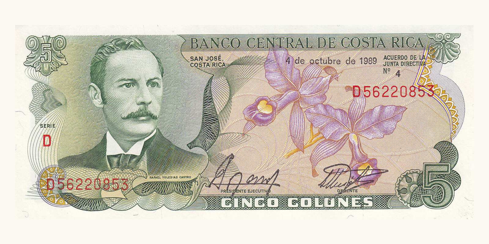 5 colones Коста-Рика 1989 — Лицевая сторона