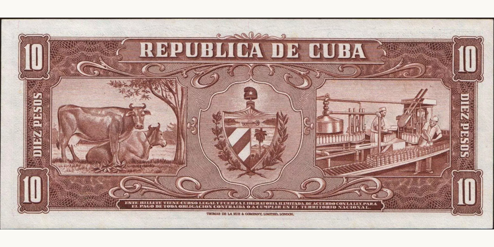 10 pesos Cuba 1958 — Back side