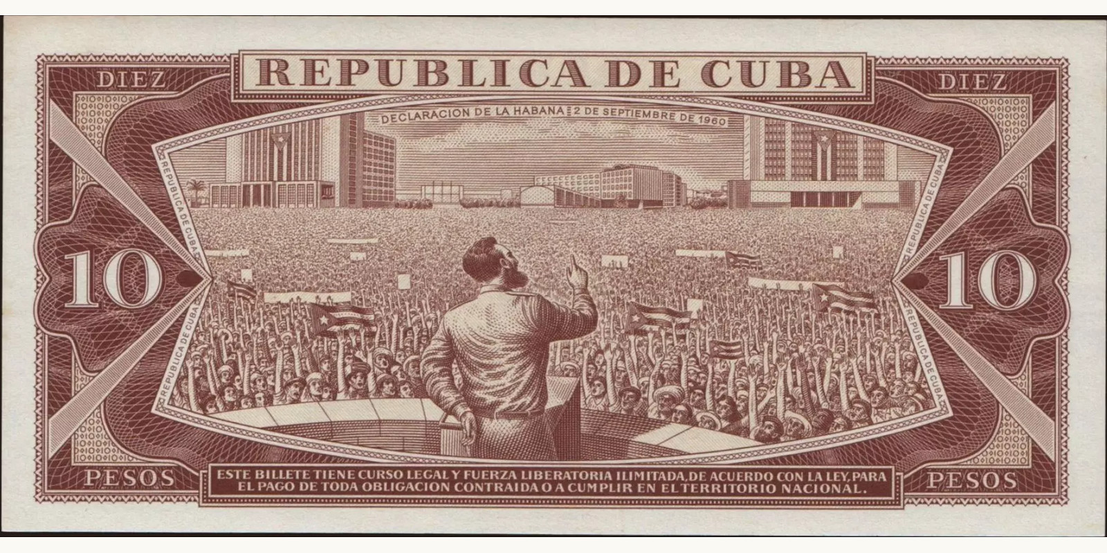 10 pesos Cuba 1969 — Back side