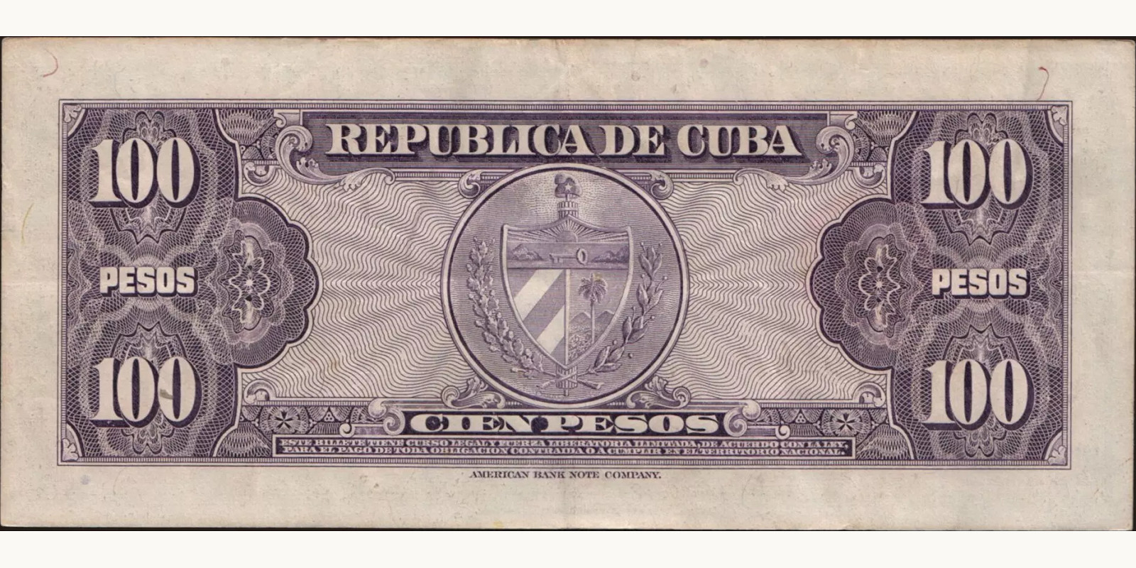 100 pesos Куба 1954 — Оборотная сторона