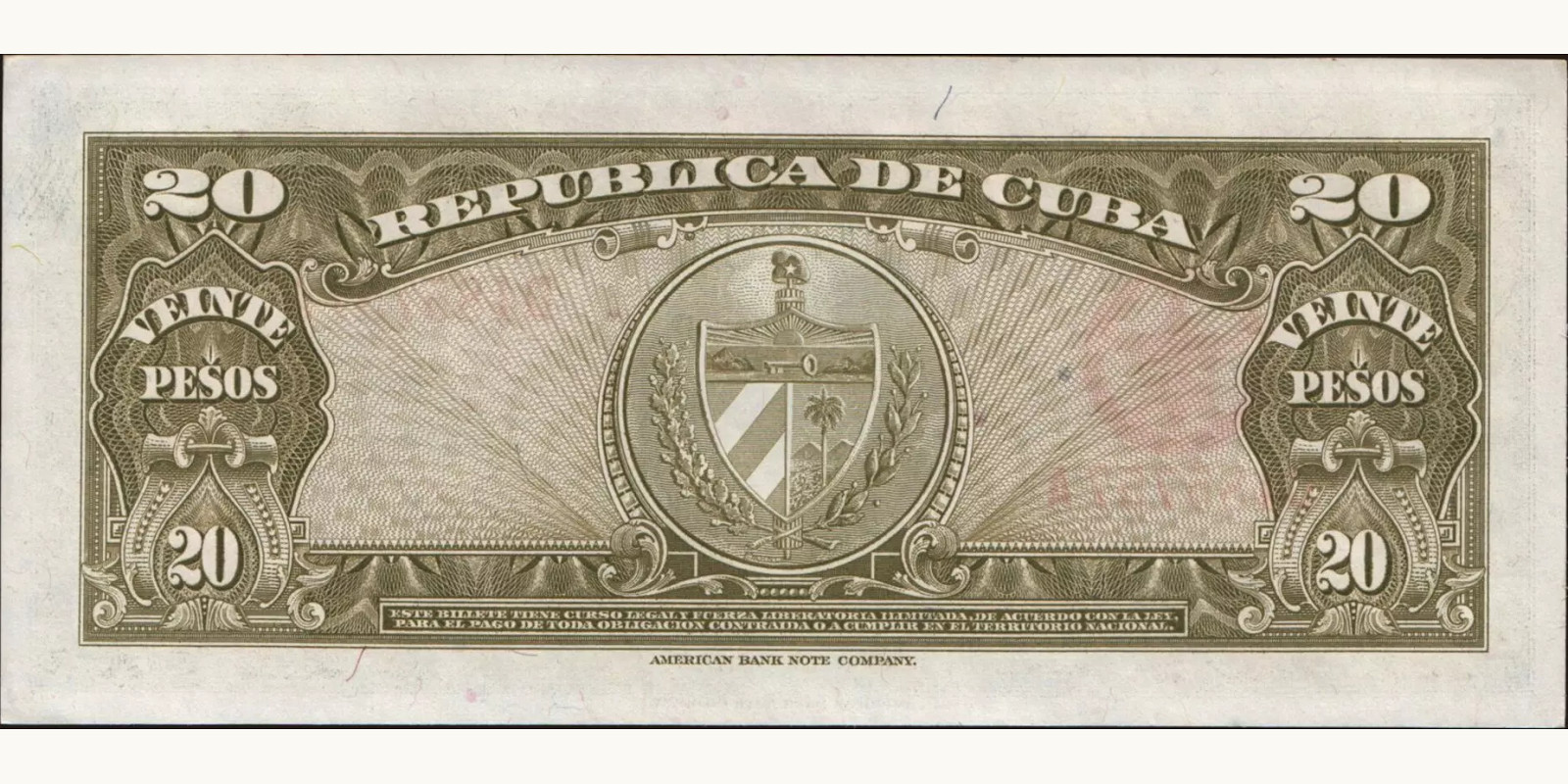 20 pesos Куба 1949 — Оборотная сторона