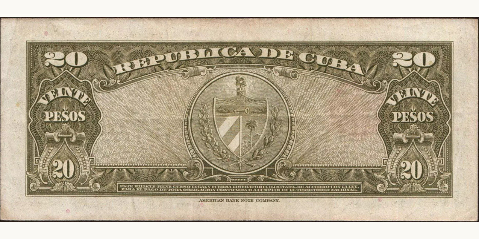 20 pesos Cuba 1958 — Back side