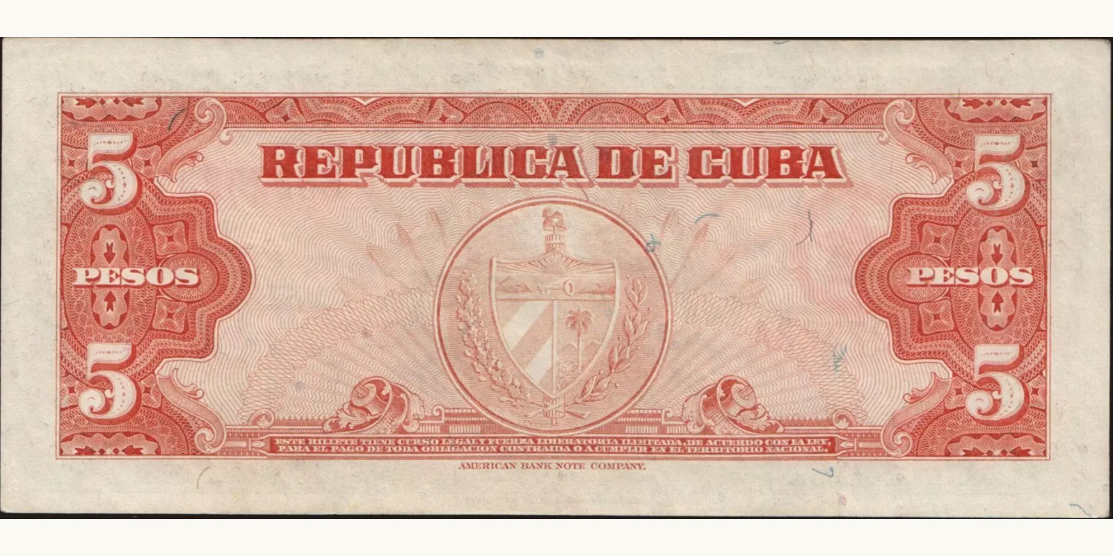 5 pesos Cuba 1949 — Back side