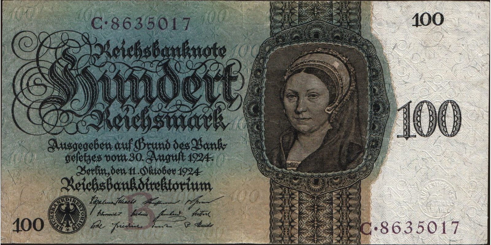 100 mark Germany 1924 — Front side
