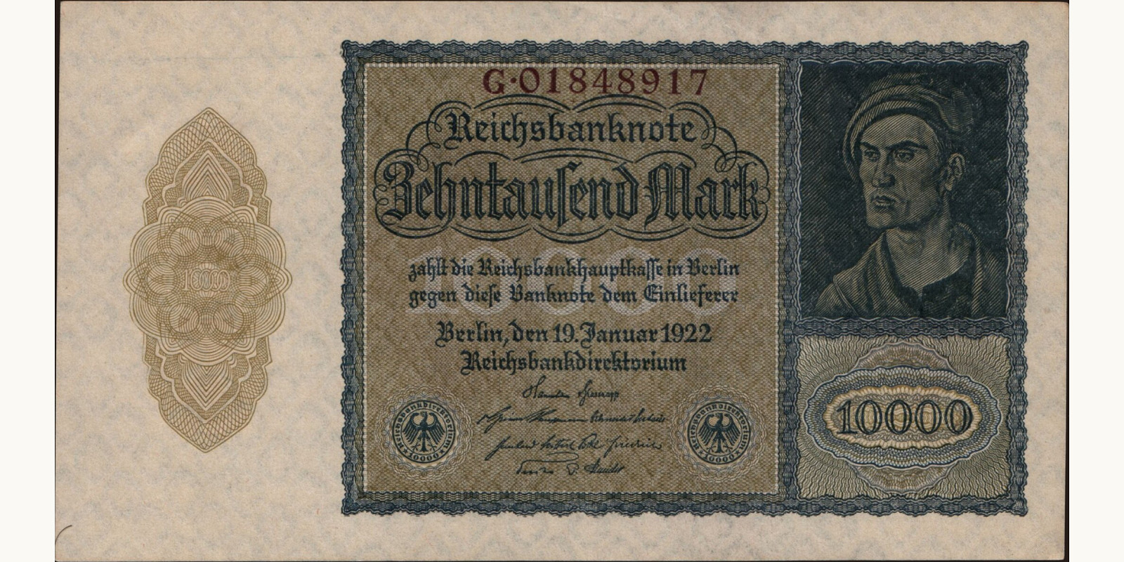 10000 mark Германия 1922 — Лицевая сторона