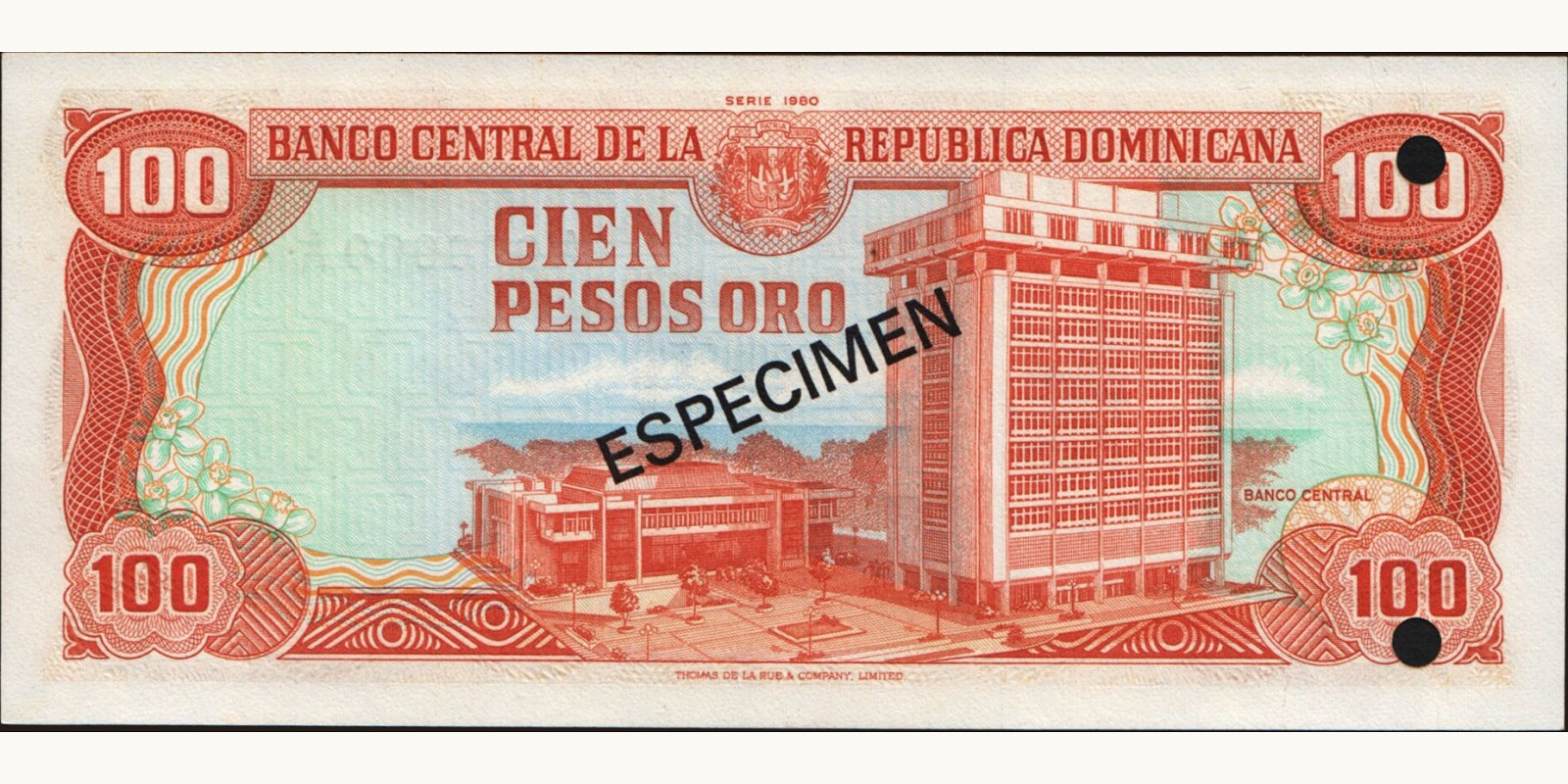 100 pesos Доминиканская Республика 1980 — Оборотная сторона