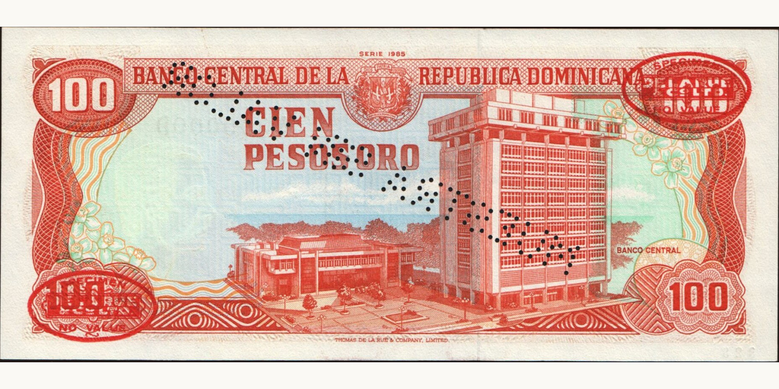 100 pesos Доминиканская Республика 1985 — Оборотная сторона