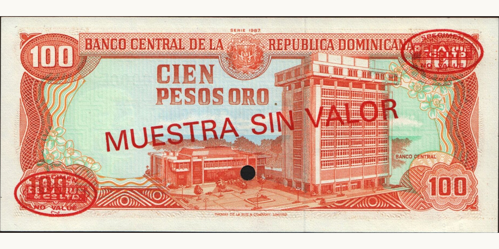 100 pesos Доминиканская Республика 1987 — Оборотная сторона