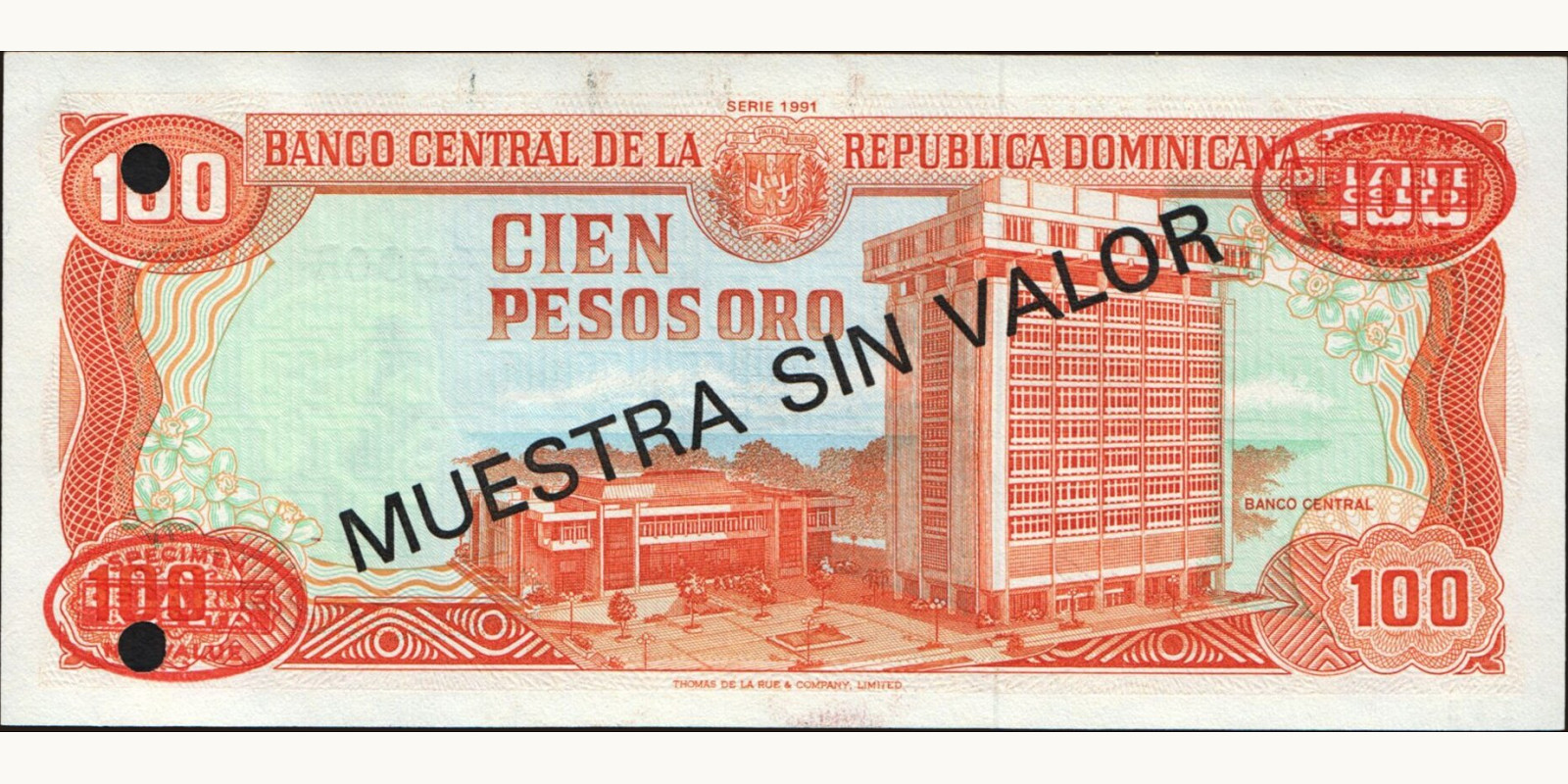 100 pesos Dominican Republic 1991 — Back side